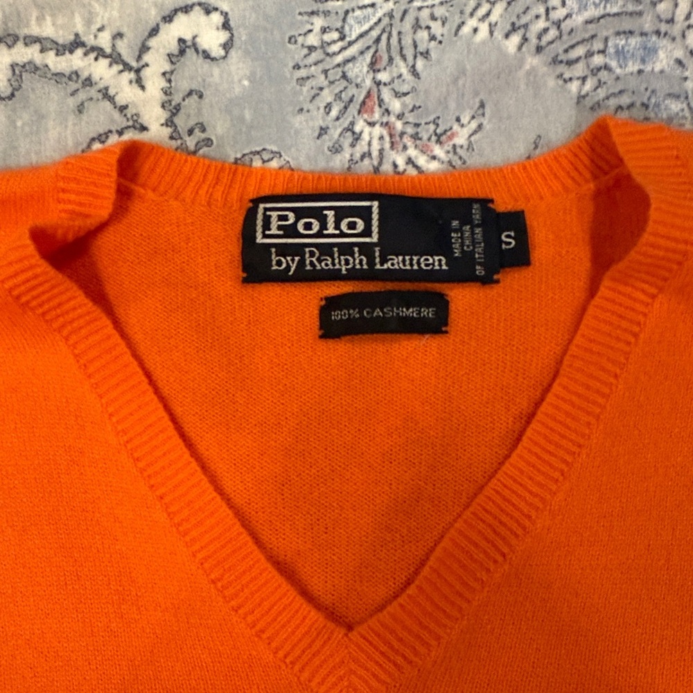 Ralph Lauren 100% Cashmere V-Neck Sweater – Bright Orange, Size S